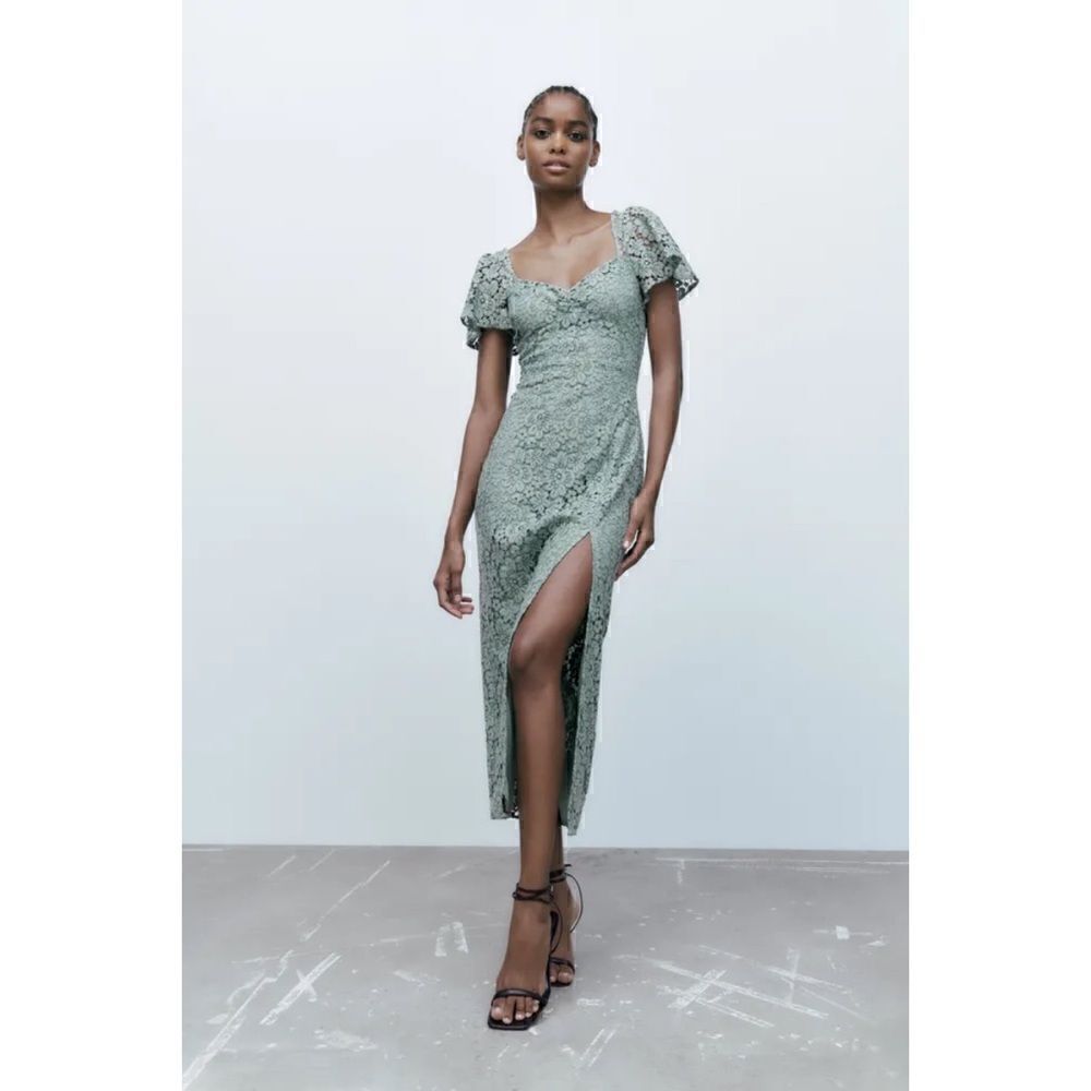 NWT Zara Green Lace V-Neck Short Sleeve Front Slit Hem Midi Dress, Size Small - Picture 9 of 16
